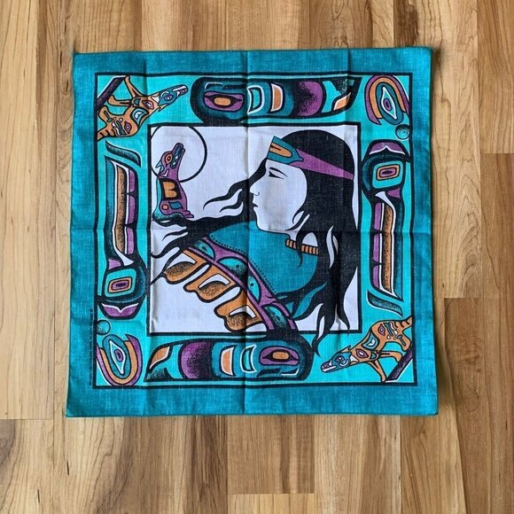 Vintage Aztec Southwestern Cotton Poly Turquoise Handkerchief Bandana USA 21” - Picture 8 of 8